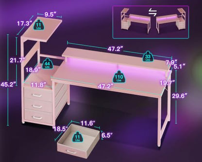 AODK Gaming Desk w/PC Showcase Stand, 59" Reversible, RGB LED - color: Pink, size: 59 Inches