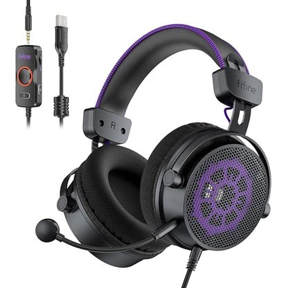 FIFINE H18V Lite Wired Open Back Gaming Headset, for PC, Xbox, PS4/5 | 3.5mm/USB Dual Connectivity, Large 53mm Drivers, Immersive 7.1 Surround, Airy Mesh Earmuffs, Active Noise Canceling Mic - color: Black and purple