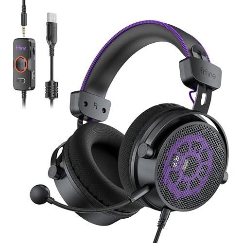 FIFINE H18V Lite Wired Open Back Gaming Headset, for PC, Xbox, PS4/5 | 3.5mm/USB Dual Connectivity, Large 53mm Drivers, Immersive 7.1 Surround, Airy Mesh Earmuffs, Active Noise Canceling Mic - color: Black and purple