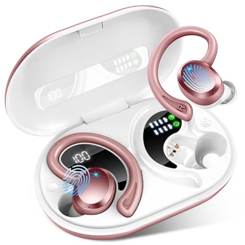 Wireless Earbuds Sport, Bluetooth 5.4 Headphones Bass Hi-Fi Stereo Over Ear Buds, 56Hrs CFZNoise Cancelling Headset with Earhook, IP-X7 Waterproof Earphones Workout Running for Laptop Pad Android iOS - color: Deep Rose Gold