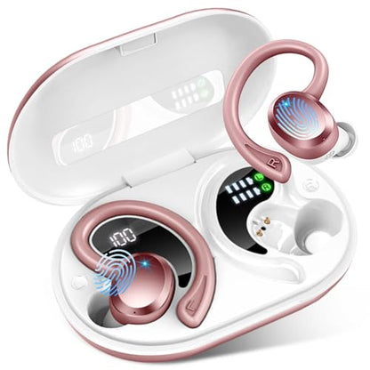 Wireless Earbuds Sport, Bluetooth 5.4 Headphones Bass Hi-Fi Stereo Over Ear Buds, 56Hrs CFZNoise Cancelling Headset with Earhook, IP-X7 Waterproof Earphones Workout Running for Laptop Pad Android iOS - color: Deep Rose Gold