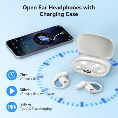 TECKNET Open Ear Headphones, Bluetooth Headphones 6.0 Sports with Smart Digital Display, 40H Playtime, IPX5 Waterproof, Wireless Earbuds Lightweight Design for Travel/Cycling/Running (White) - color: White
