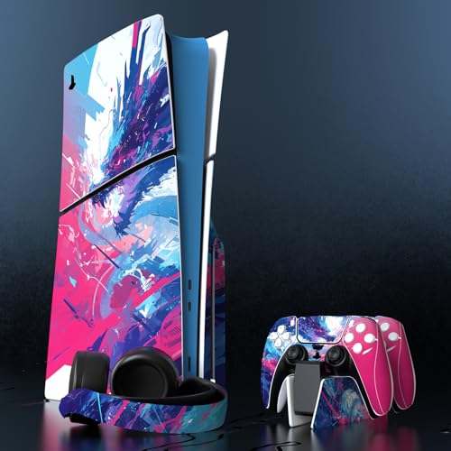 PlayVital Full Set Skin Sticker for ps5 Slim Console Disc Edition (The New Smaller Design), Vinyl Skin Decal Cover for ps5 Controller & Headset & Charging Station - Neon Dragoon - color: Neon Dragoon