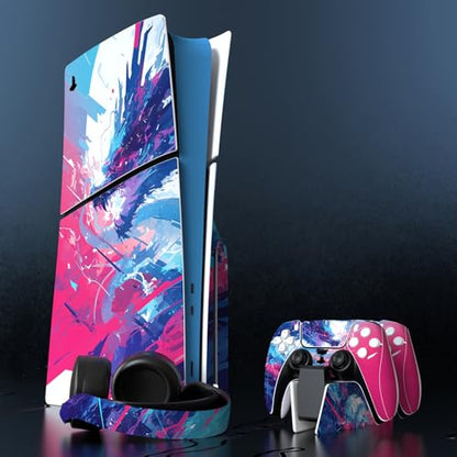 PlayVital Full Set Skin Sticker for ps5 Slim Console Disc Edition (The New Smaller Design), Vinyl Skin Decal Cover for ps5 Controller & Headset & Charging Station - Neon Dragoon - color: Neon Dragoon