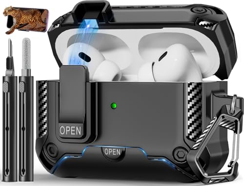 for AirPods Pro 1st/2nd Case with Lock & Phone Stand(Black) | Automatic Snap Switch Lock,Carbon Fiber Texture Design Cover with Cleaner Kit - color: BB-black