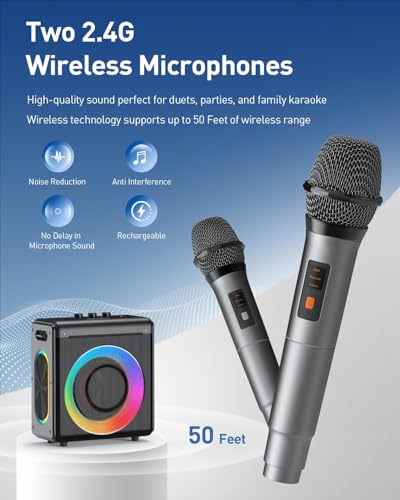 Karaoke Machine with 2 Wireless Rechargeable Microphones: Portable Bluetooth Speaker for Adults & Kids - PA System with Lights Supports TWS/TF Card/USB/AUX for Home Party - size: 2 Mics