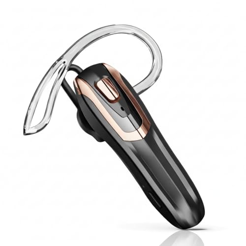 Bluetooth Earpiece Headset V6.0 with Noise Cancelling & 38 Hours Talk Time – Trucker Handsfree Earpiece, Dual Device Pairing, Single Ear Wireless Headphone for Cell Phone (Black with gold frame)