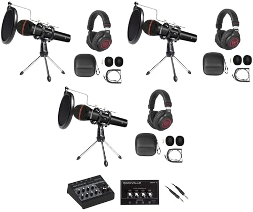 Rockville 3-Person Podcast Recording Package LINE8 USB 8-Channel Mixer and USB Audio Interface with (3) PRO-M50 Headphones, (3) RMIC-SR Mics, Stands, RHPA4 Amp, Cables (12 Items)