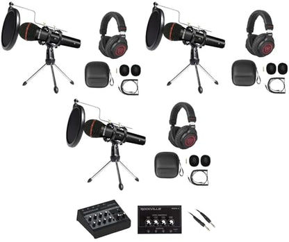 Rockville 3-Person Podcast Recording Package LINE8 USB 8-Channel Mixer and USB Audio Interface with (3) PRO-M50 Headphones, (3) RMIC-SR Mics, Stands, RHPA4 Amp, Cables (12 Items)