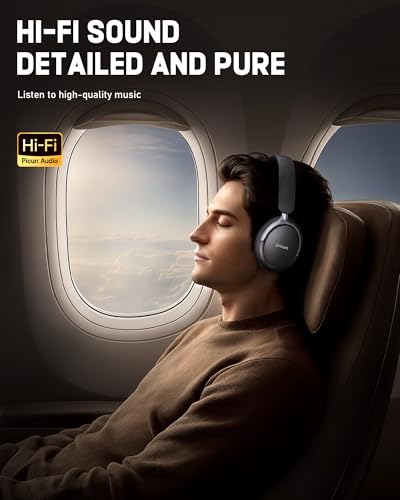 Picun NC60 Hybrid Active Noise Cancelling Headphones, Foldable Wireless Over Ear Bluetooth 5.4 Headphones, 80H Playtime, Transparency Mode, Stereo Bass, Custom EQ via App for Travel Home Black