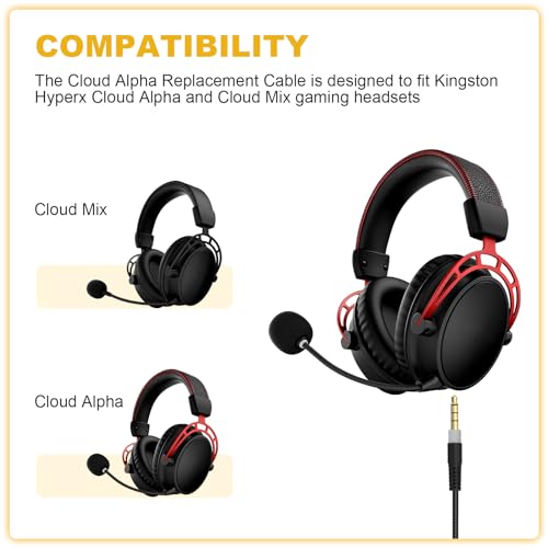 Cloud Alpha Cable Compatible with Hyperx Cloud Alpha, Cloud Alpha S, Cloud Mix, Cloud Mix 2, Cloud Flight Gaming Headset with Mute and Volume Control, 5ft