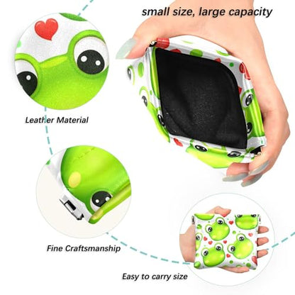 Leather Waterproof Portable No Zipper Purse, Coin Pocket Pouch Change Holder, Small Storage Bag for Men Women Headset Credit Card ID Key Lipstick, (Cute Green Frogs)