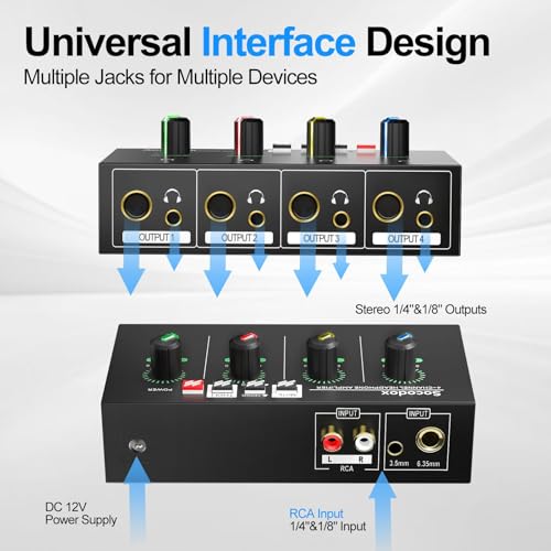 4 Channel Headphone Amplifier, 8 Outputs Stereo Audio Amplifier | Metal Headphone Amp with 1/4", 1/8" & RCA Inputs, RGB Volume Control, Stereo/Mono Switch for Studio, Podcast, Streaming - size: S