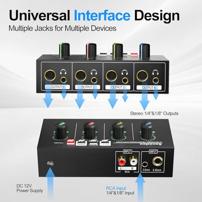 4 Channel Headphone Amplifier, 8 Outputs Stereo Audio Amplifier | Metal Headphone Amp with 1/4", 1/8" & RCA Inputs, RGB Volume Control, Stereo/Mono Switch for Studio, Podcast, Streaming - size: S
