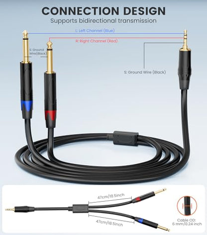 1/8 to 1/4 Stereo Cable 6.6FT, 3.5mm TRS Mini Jack to Dual 1/4 Inch TS Mono Y-Splitter Male to Male Audio Breakout Cord for Smartphone, CD Player, Speaker, Amplifier - size: 6.6 feet