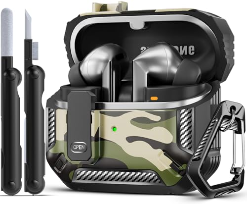 Safety Lock Case for Samsung Galaxy Buds3 FE/3/3 Pro (C-Green) | with Secure Lock Clip & Cleaning kit Full Body Shockproof Carbon Fiber Protection Design - color: B-C-green