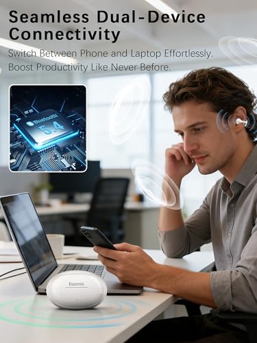 Open Ear Earbuds ENC AI Air Conduction Headphones 68H Playtime, Stereo Sound, Touch Control, Premium Clip-On Open-Ear Earphones for Office & Daily Use, White - color: White