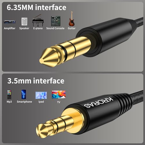 3.5mm to 6.35mm Stereo Audio Cable 10 Feet, 1/8 to 1/4 TRS Audio Cable with Zinc Alloy and Nylon Braid for Guitar, Laptop, Home Theater Devices, Speaker and Amplifiers ect