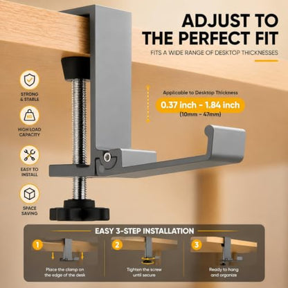 JAKO Aluminum Alloy Headphone Stand for Desk, Foldable Headphone Holder - Headset Stand Hook Mount, PC Gaming Headset Holder Under Desk Clamp for Office, Computer, Student Class Table, Handmade Table - color: Grey