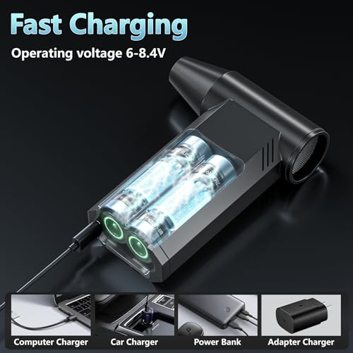 Compressed Air Duster and Vacuum, 2 in 1 4-Gear Dust Blower, Mini | 210,000RPM, Electric, Cordless, Pc, Keyboard, Car, Home, Fast Charging, Replaces Canned Air, 2 Nozzles and Brushes, Black
