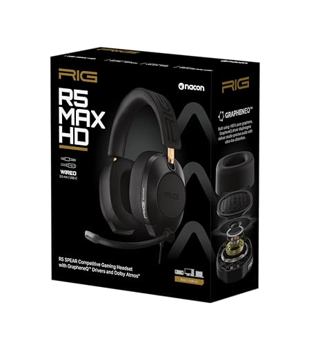 RIG R5 Spear MAX HD Wired PC Gaming Headset | 40mm GrapheneQ™ 드라이버, USB-C 오디오 DAC, 돌비 애트모스 3D 오디오, 탈착식 노이즈 캔슬링 마이크, 메모리 폼 - 3.5mm 및 USB-C - color: 블랙.