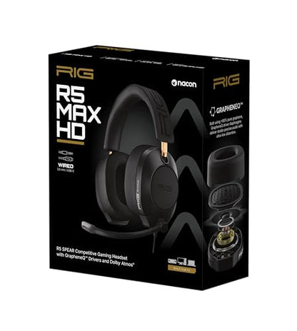 RIG R5 Spear MAX HD Wired PC Gaming Headset | 40mm GrapheneQ™ 드라이버, USB-C 오디오 DAC, 돌비 애트모스 3D 오디오, 탈착식 노이즈 캔슬링 마이크, 메모리 폼 - 3.5mm 및 USB-C - color: 블랙.