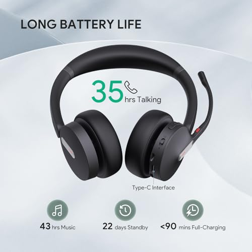 Yealink BH70 Teams Bluetooth Headset with Mic for Work, 35h Talk Battery | AI 3-Mic, 147g Lightest in its class, Teams Certified & Cisco Zoom Google 100+ Compatible, for Open Office/ WFH/ Call Center - color: Black (Teams), style: Dual (USB-C to A)