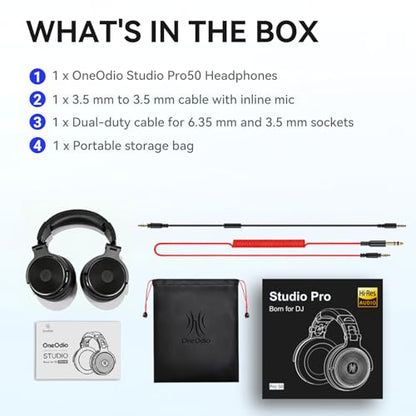 OneOdio Hi-Res Over Ear Headphones for Studio Monitoring and Mixing, Sound Isolation, Protein Leather Earcups, 50mm Driver Unit, Wired Headphones for AMP Guitar Keyboard (Pro-50 Black) - color: Black