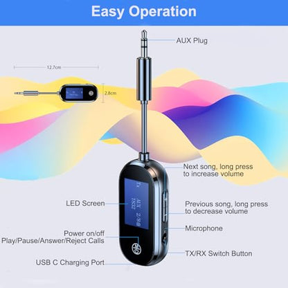 Bluetooth Audio Adapter for Headphones, Wireless Transmitter Receiver | Low Latency, with 3.5mm Aux Jacks, Suitable for Airplanes, TVs, Gym Equipment, and Car