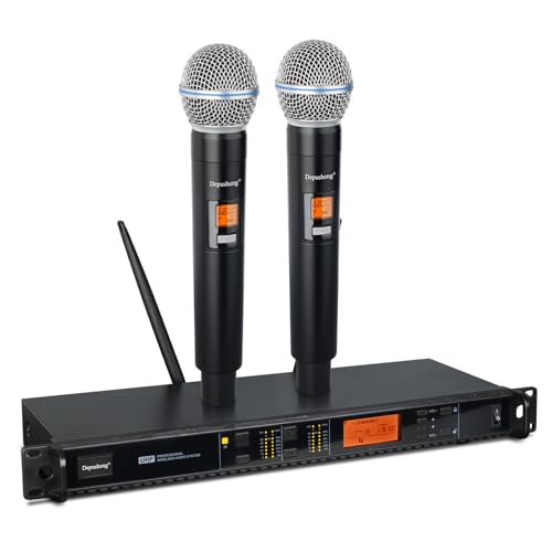 Depusheng Wireless Microphones System with 2 Channels Cordless Handheld Microfono Inalambrico, 200FT UHF Range, Mics with Stable Signal Transmission for Karaoke Singing Party Church Wedding PA Speaker