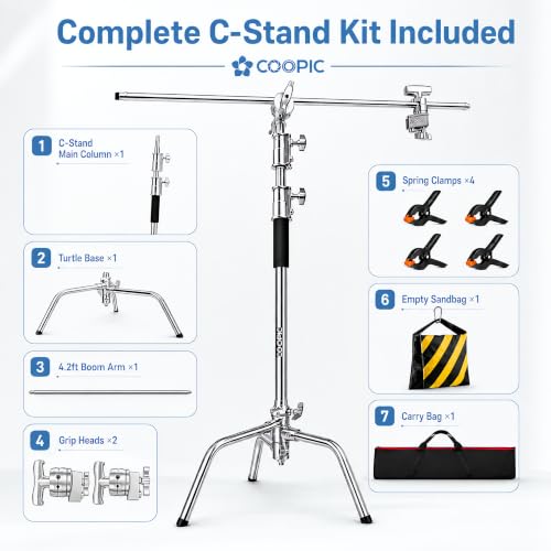 Heavy Duty C-Stand with Boom Arm & Turtle Base - 210cm Stainless Steel Photography Light Stand Kit, 88cm Extension Arm, 2 Grip Heads, Sandbag & Carrying Case for Studio Softbox Monolight - size: 210CM CSTAND + BAG + SANDBAG + 4PCS CLAMPS