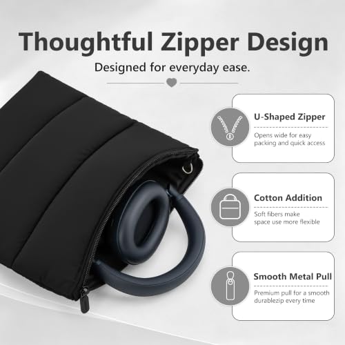 Geekria NOVA Headphones Puffy Pouch, Compatible with Bose QC Ultra/45, JBL Tune 710BT, Sony WH-CH720N, Headset Carrying Bag, Soft Travel Pouch Case for Over-Ear Headphones (Black) - color: Black