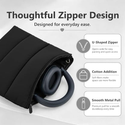 Geekria NOVA Headphones Puffy Pouch, Compatible with Bose QC Ultra/45, JBL Tune 710BT, Sony WH-CH720N, Headset Carrying Bag, Soft Travel Pouch Case for Over-Ear Headphones (Black) - color: Black