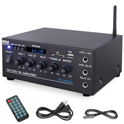 Pyle Compact Mini Home Power Amplifier - 40W Smart Small Audio Stereo Receiver w/ AUX 2 Microphone IN COM/8-Ohm/25V/70V Speakers LED Input Selector For PA Amplified Speaker Sound System - PCM20A - size: 40 Watts