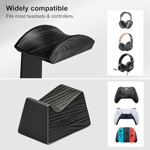 UPERGO Solid Wood Headphone Stand with Controller Holder for Desk