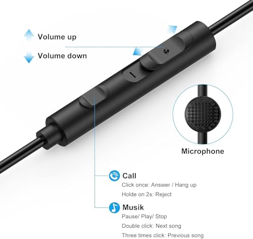 1Mii Wired Earbuds with Microphone and Volume Control, In Ear Headphones Magnetic with Deep Bass, Noise Isolating, High Sound Quality Earphones with 3.5mm Jack for Phone, Android, PC, iPad, MP3(Black)