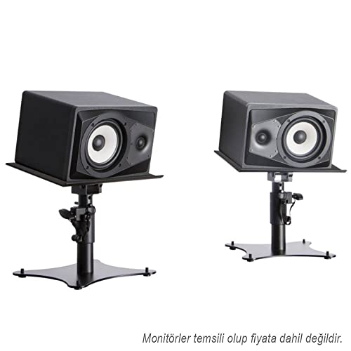 On-Stage SMS4500-P Clamp-On Studio Monitor Speaker Stands: Height-Adjustable (9"-12.5"), Locking pin for Security, Steel Construction, Nonslip Rubber feet. Table/Desk use, Black Finish. Pair.
