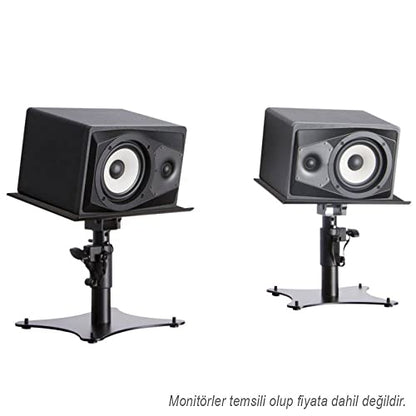 On-Stage SMS4500-P Clamp-On Studio Monitor Speaker Stands: Height-Adjustable (9"-12.5"), Locking pin for Security, Steel Construction, Nonslip Rubber feet. Table/Desk use, Black Finish. Pair.