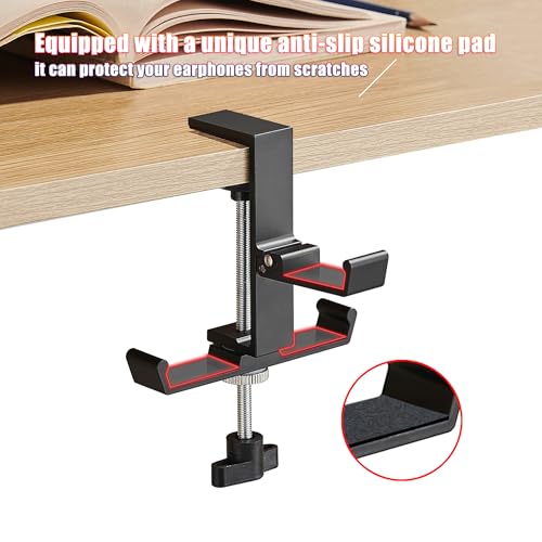 Heavyrain Desk Edge Hook Hanger, No Drilling Headphone Holder with 3 Hooks, Black Metal Clamp-On Organizer for Bags, Backpacks, Headsets (1, Black) - color: Black