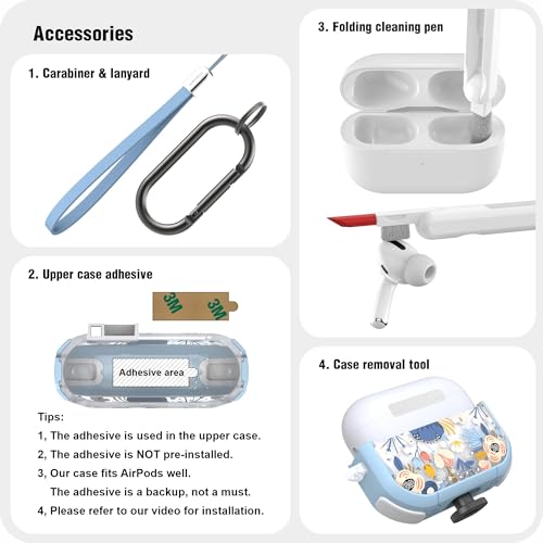 WENEW for AirPods Pro 3 Case (2025) Cover Secure Lock Automatic Snap Switch Clip Cleaner Kit Lanyard Women Stylish Flower Hard Shell Full Body Front LED Visible (Blue, AirPods Pro 3) - color: Blue, size: AirPods Pro 3