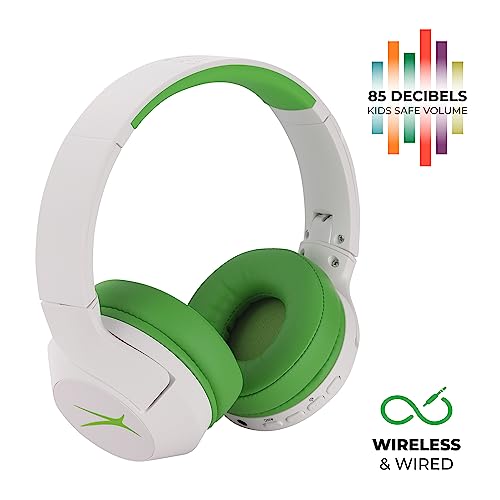 Altec Lansing Kid Safe Noise Cancelling Wireless Headphones 15H Battery, 85dB Volume Limit, Foldable Design Powerful Sound, Active Noise Cancellation Perfect for Kids Ages 7+ - color: Whiteout Funky Green