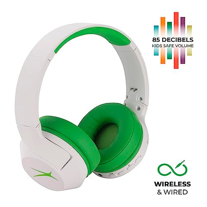Altec Lansing Kid Safe Noise Cancelling Wireless Headphones 15H Battery, 85dB Volume Limit, Foldable Design Powerful Sound, Active Noise Cancellation Perfect for Kids Ages 7+ - color: Whiteout Funky Green