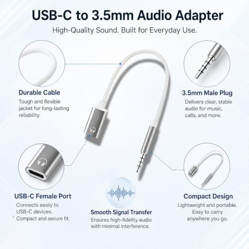 3.5mm Male to Type-C Female Audio Adapter Cable, White, Compatible with Smartphones, MP3 Players, Laptops, Tablets