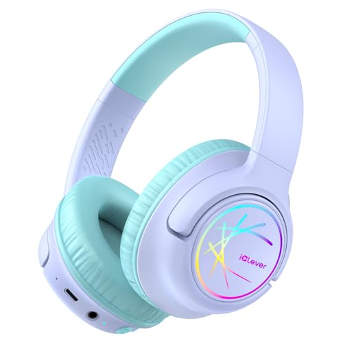 iClever BTH18 Kids Bluetooth Headphones LED Lights for Toddler Boys Girls | SafeSound Tech, 43H Playtime Stereo Sound, USB C Charging AUX Cable, Over Ear Kids Headphones Wireless for iPad/Tablet/Travel - color: Purple