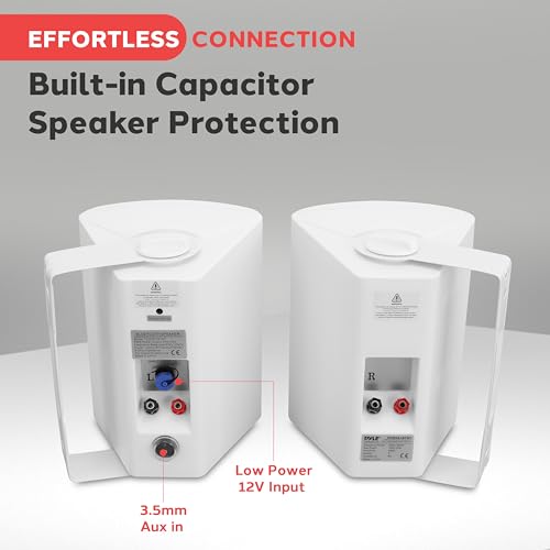 Pyle 6.5'' Marine Grade Waterproof Bluetooth Speakers with Built-in Amplifier, Indoor/Outdoor Use, Full Range Stereo, Aux Input, Rustproof, Ideal for Patio, Pool, Home Audio, White - color: White