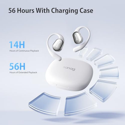 Sanag Open-Ear Wireless Earbuds Bluetooth 5.4 with Secure Earhooks - 56H Playtime, HiFi Deep Bass, Clear Calls, IPX4 Waterproof, Sports Running Workout Earphones with APP Control, Black (C16S-White)