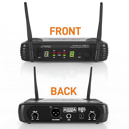 Pyle 2 Channel Wireless Microphone System - Portable UHF Digital Audio Mic Set with 2 Headset, 2 Lavalier lapel, 2 Transmitter, ¼’’ cable, power adapter - For Karaoke, PA, DJ, - PDWM3400,Black