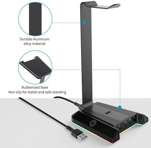 EKSA RGB Headset Stand, Headphone Stands with 7.1 Surround Sound & USB/3.5mm Port, Desk Gaming Headsets Holder with Aluminum Alloy Rod & Non-Slip Rubber Pad, Suitable for Most Gamer Desktop Earphones