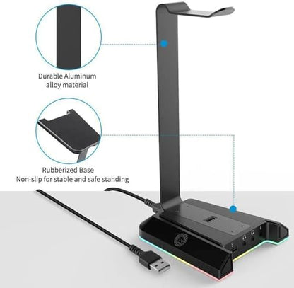 EKSA RGB Headset Stand, Headphone Stands with 7.1 Surround Sound & USB/3.5mm Port, Desk Gaming Headsets Holder with Aluminum Alloy Rod & Non-Slip Rubber Pad, Suitable for Most Gamer Desktop Earphones
