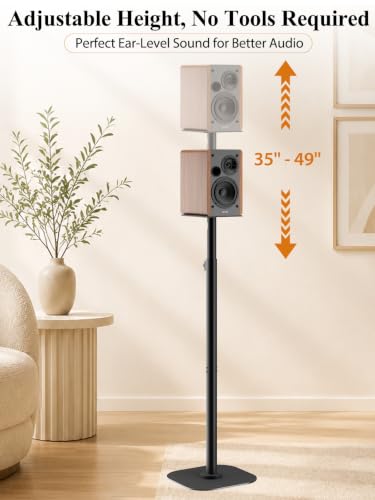 Haturi Universal Speaker Stands Pair, Height Adjustable 35"-49" Floor Speaker Stands for Bookshelf, Satellite & Surround Sound Speakers, 15 lbs Capacity, Dual Cable Management,Black